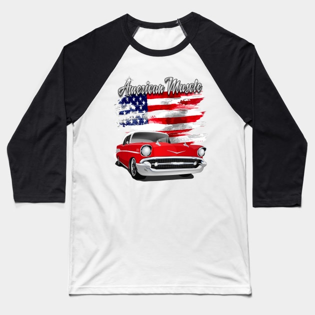 1957 Red and White American Muscle Chevy Bel Air Baseball T-Shirt by RPM-ART